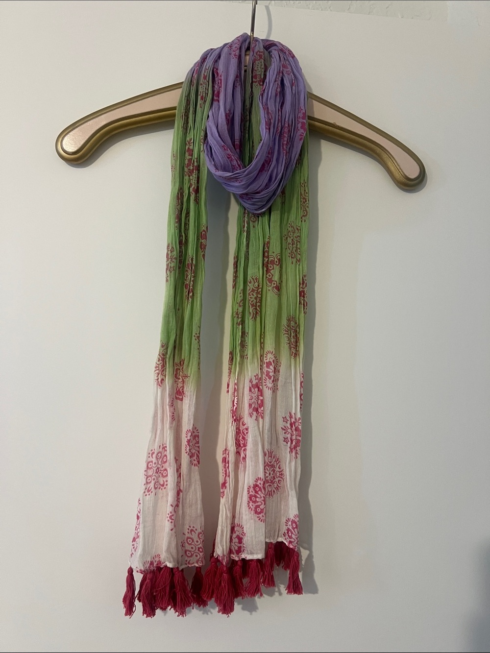 Sudha Purple, Green & White Ombre Scarf with Pink Tassels Beautiful!!